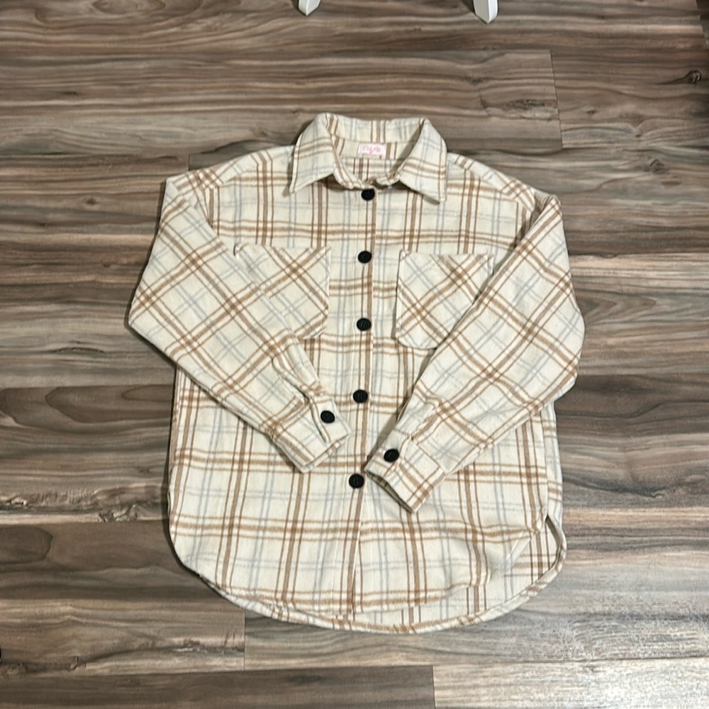 Pink Lily cream with blue and brown stripes flannel shacket size medium